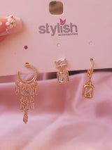 Golden Crystal | Beyaz Taşlı Çelik Küpe Seti