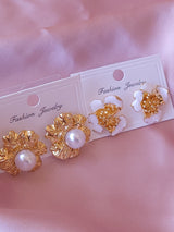 Pearl Flower | İkili Çiçekli İncili Pirinç Küpe Seti