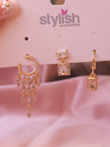Golden Crystal | Beyaz Taşlı Çelik Küpe Seti
